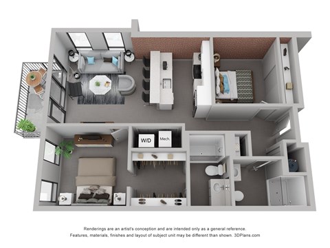 Floor plan for 2 beds, 2 baths, 916 sqft